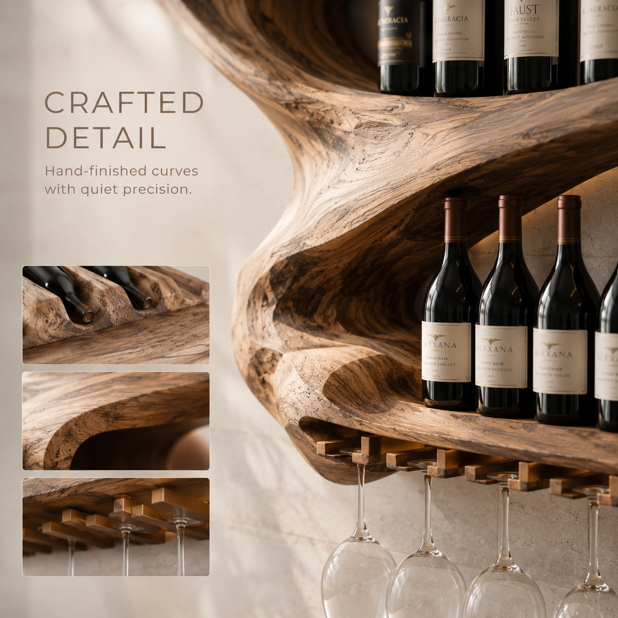 Solid Wood Wall Wine Rack with Glass Holder - Live Edge - product image 06