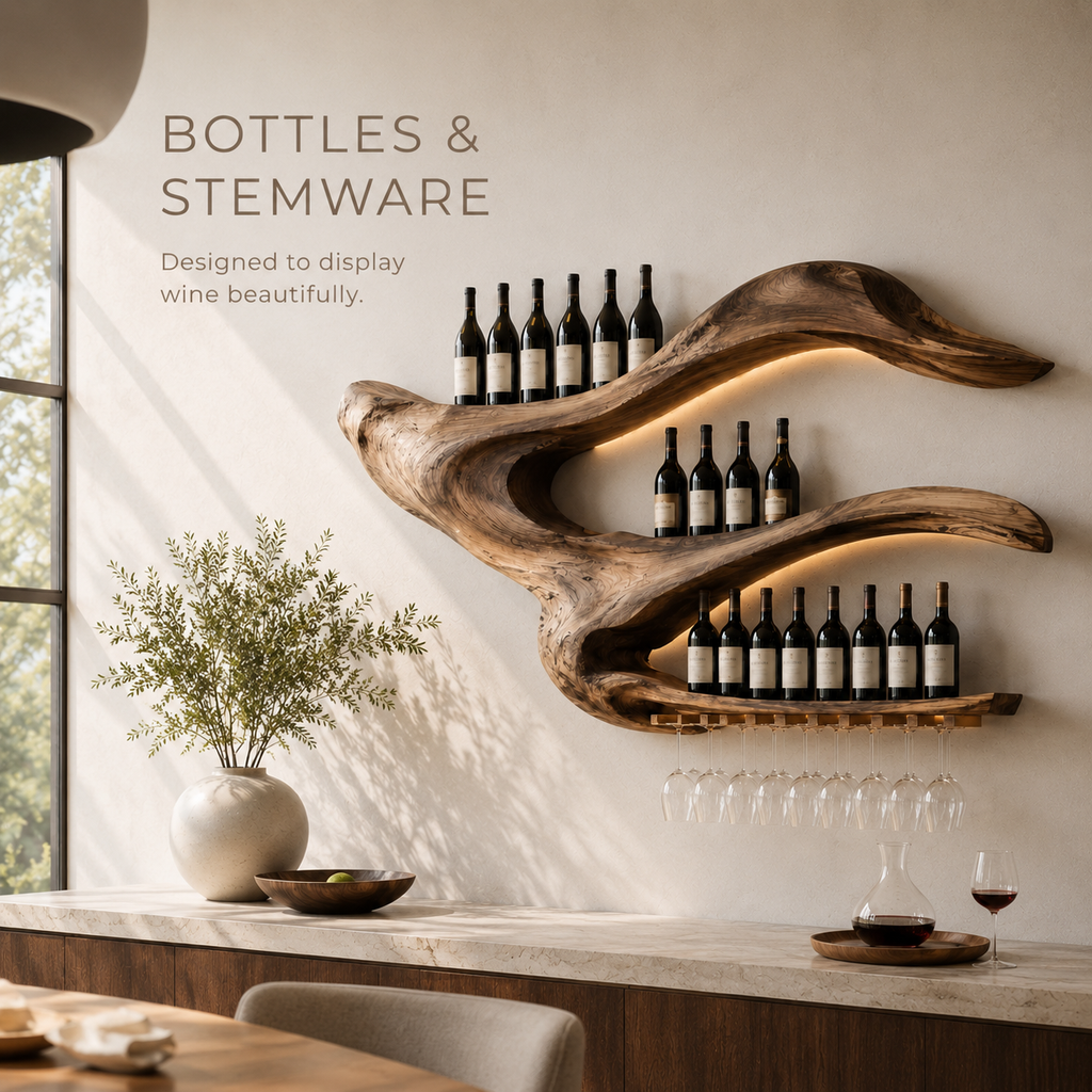 Solid Wood Wall Wine Rack with Glass Holder - Live Edge - product image 07
