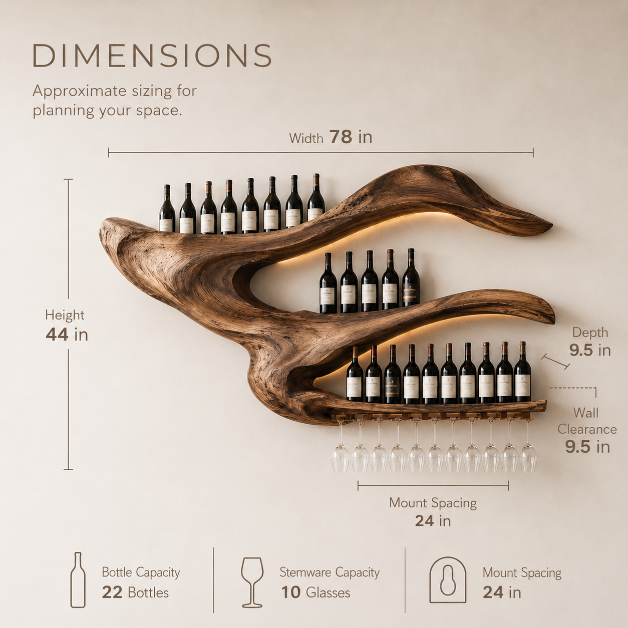 Solid Wood Wall Wine Rack with Glass Holder - Live Edge - product image 08