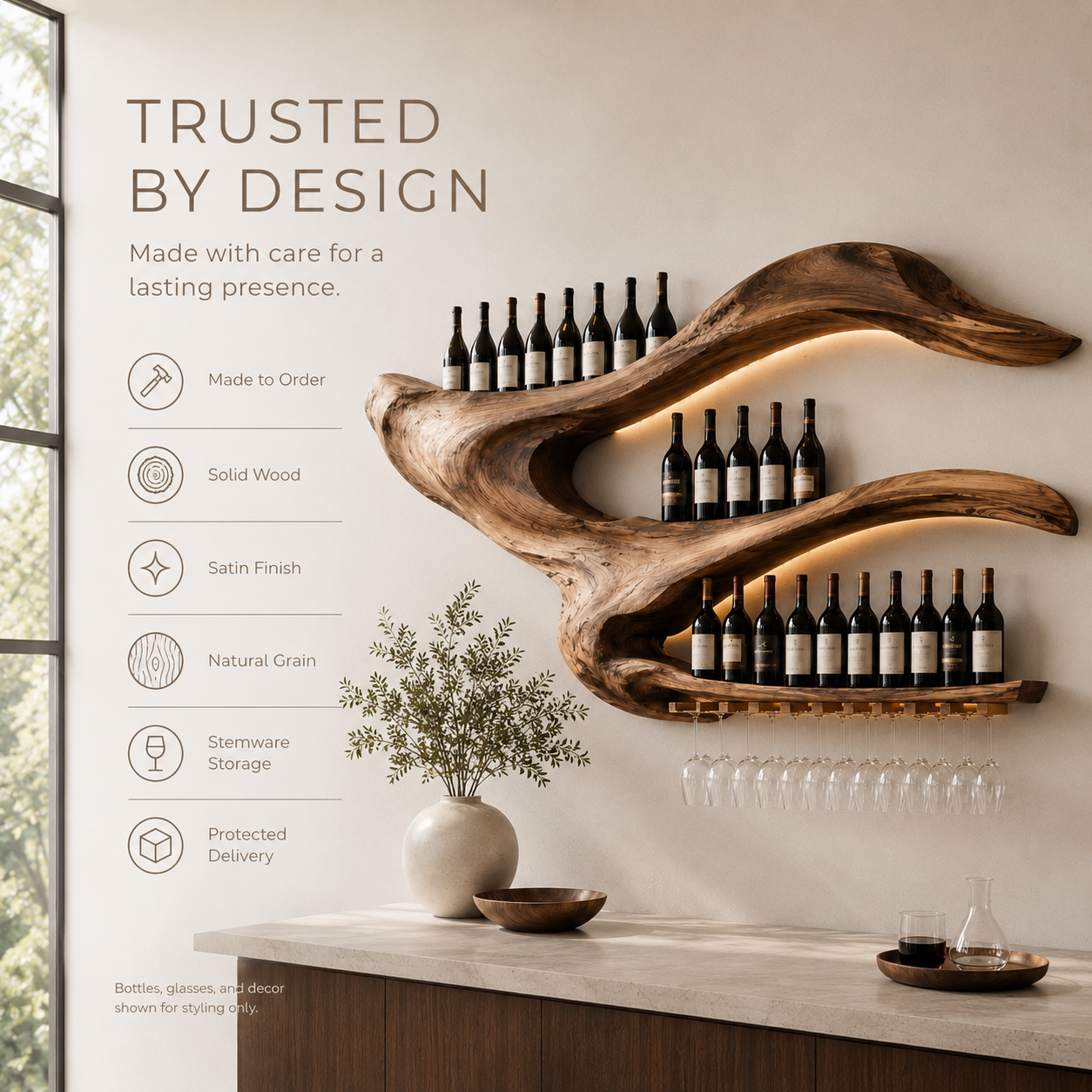 Solid Wood Wall Wine Rack with Glass Holder - Live Edge - product image 09