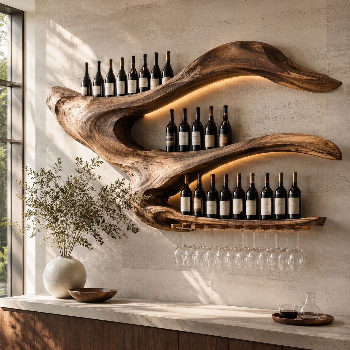 Solid Wood Wall Wine Rack with Glass Holder - Live Edge - Design 126 - square cover image