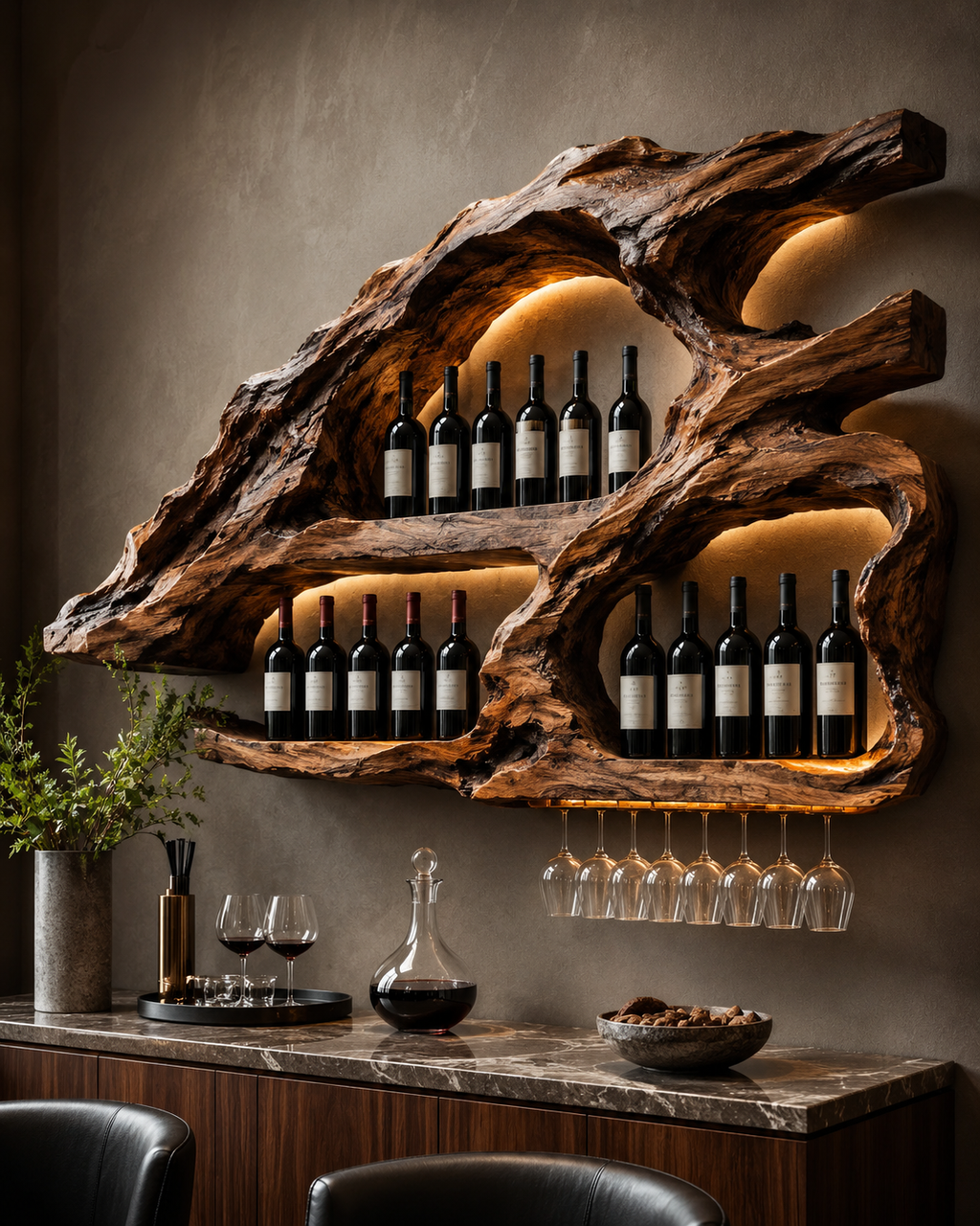 Solid Wood Wall Wine Rack with Glass Holder - Wave - main view
