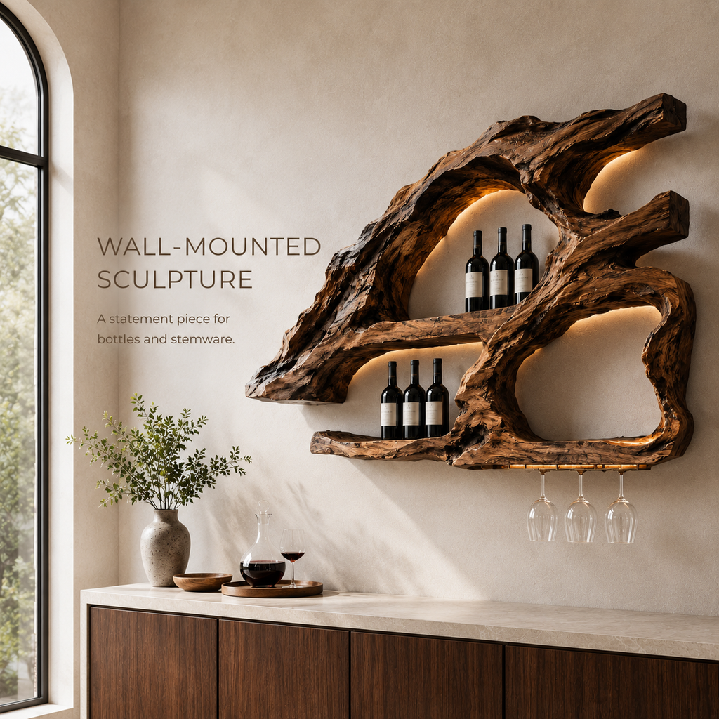 Solid Wood Wall Wine Rack with Glass Holder - Wave - product image 03