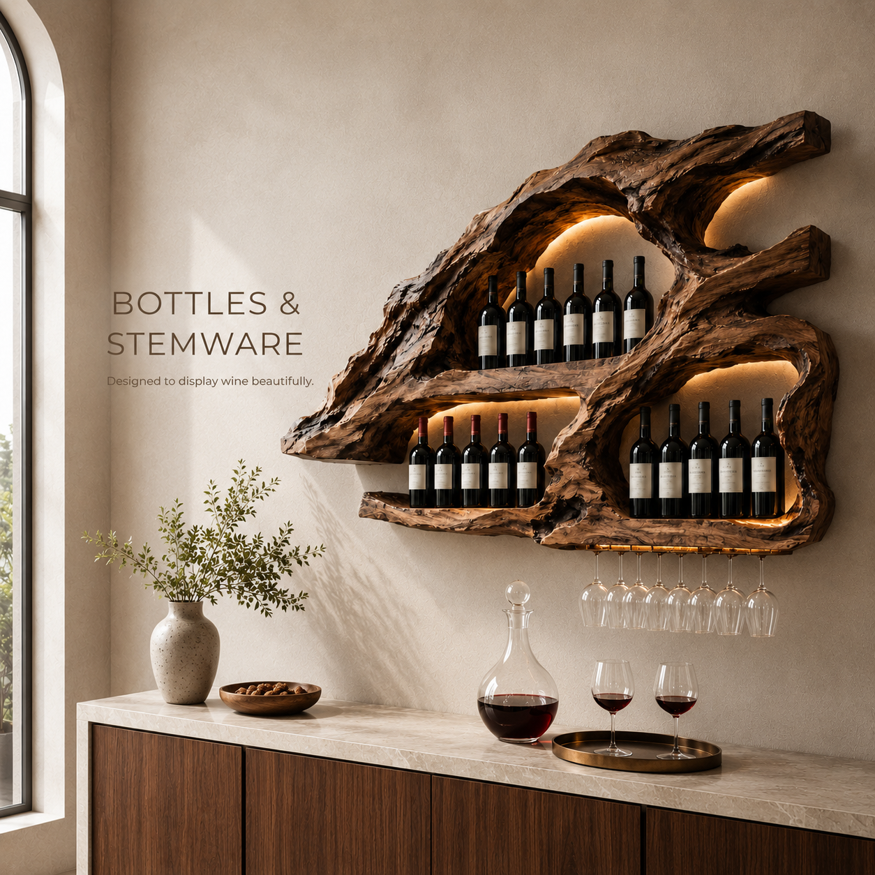 Solid Wood Wall Wine Rack with Glass Holder - Wave - product image 07