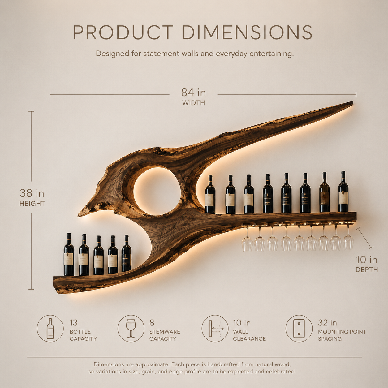 Solid Wood Wall Wine Rack with Glass Holder - Cellular - product image 08