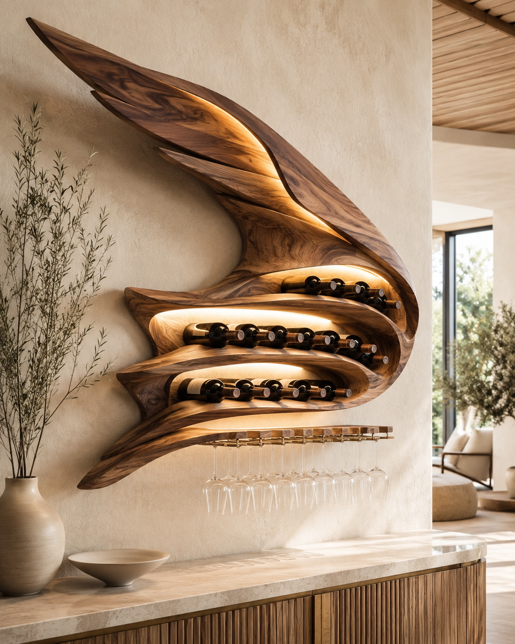 Solid Wood Wall Wine Rack with Glass Holder - Branch Form - main view
