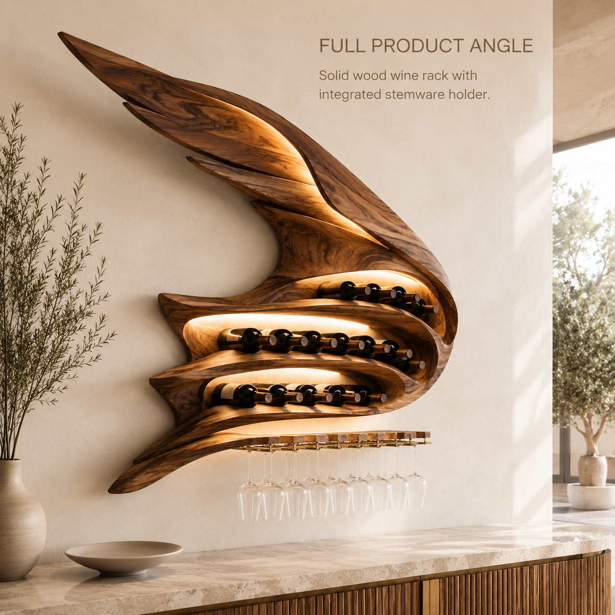 Solid Wood Wall Wine Rack with Glass Holder - Branch Form - product image 03