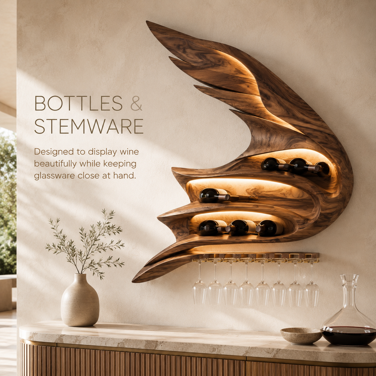 Solid Wood Wall Wine Rack with Glass Holder - Branch Form - product image 07