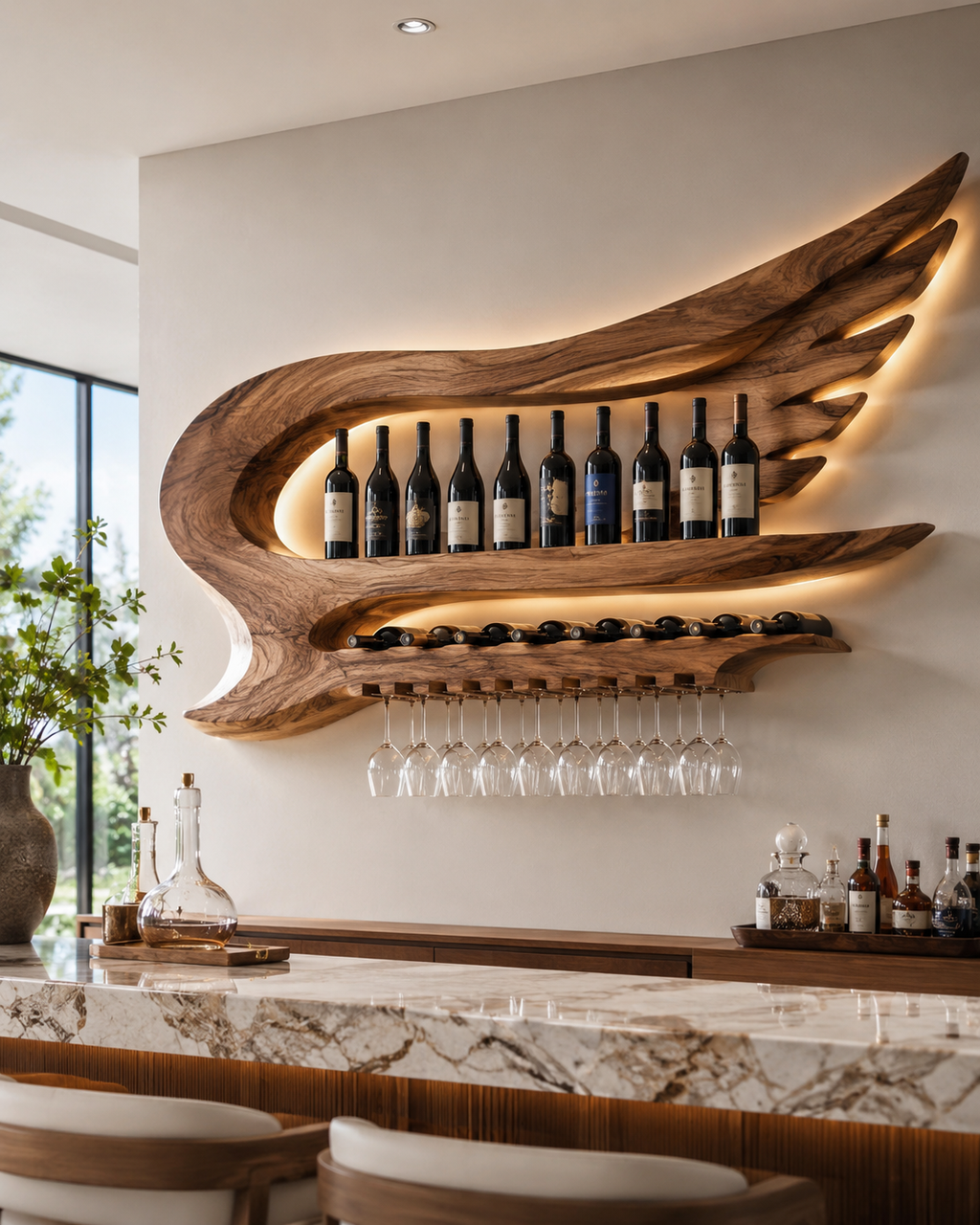 Solid Wood Wall Wine Rack with Glass Holder - Arched - main view