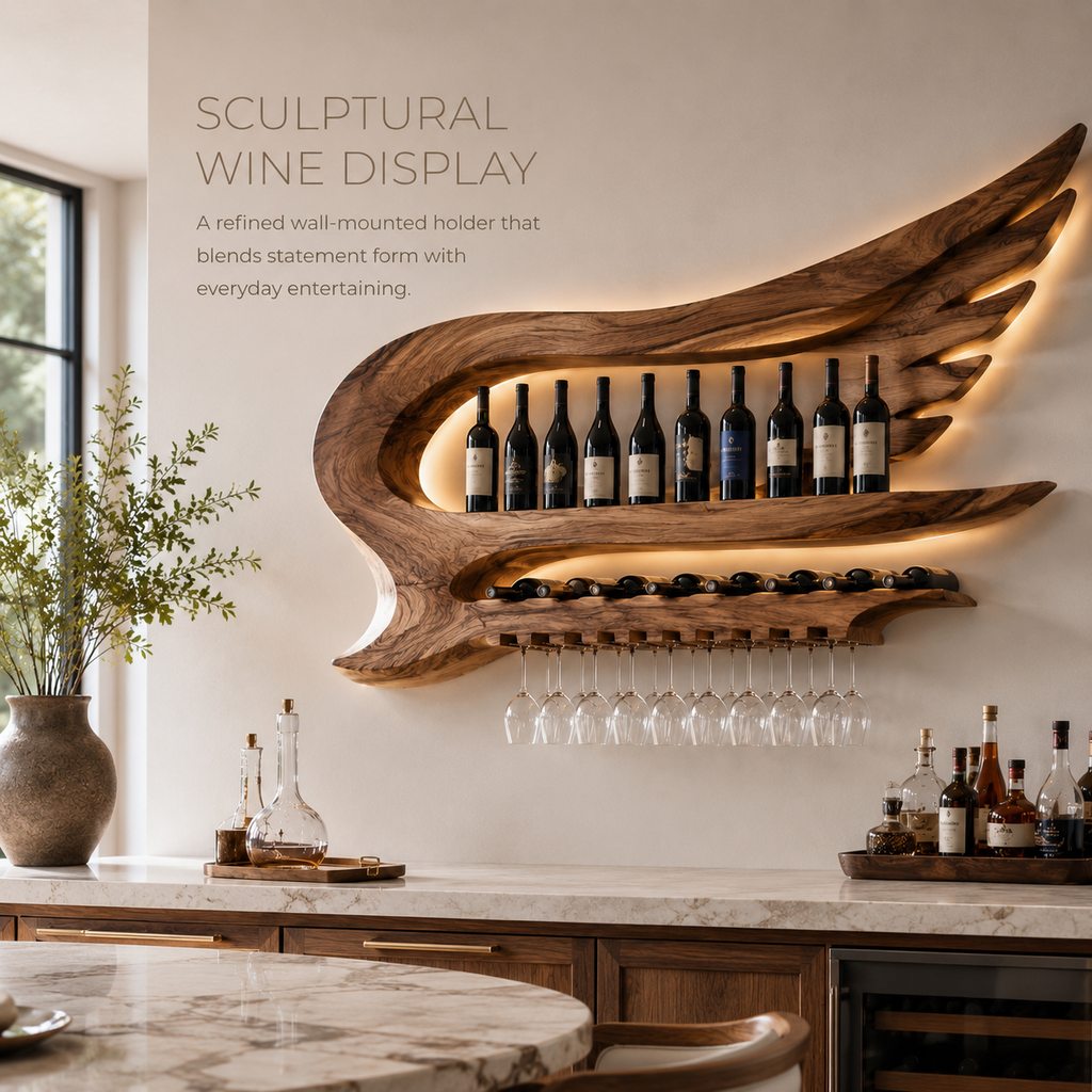 Solid Wood Wall Wine Rack with Glass Holder - Arched - product image 02