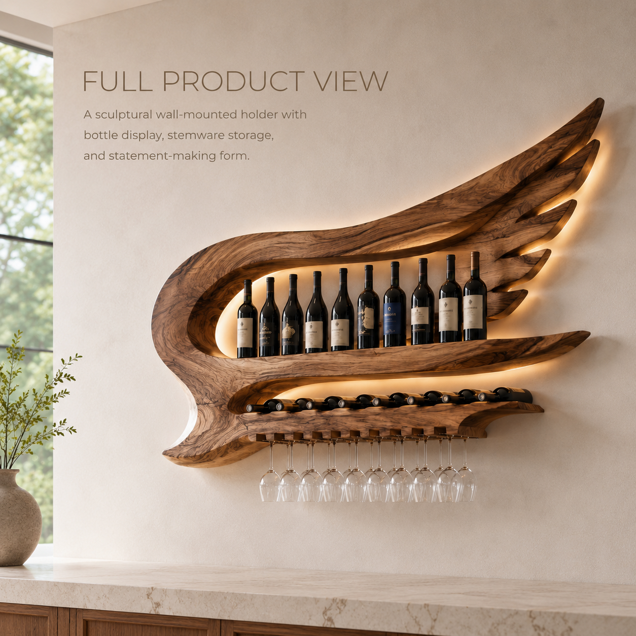 Solid Wood Wall Wine Rack with Glass Holder - Arched - product image 03