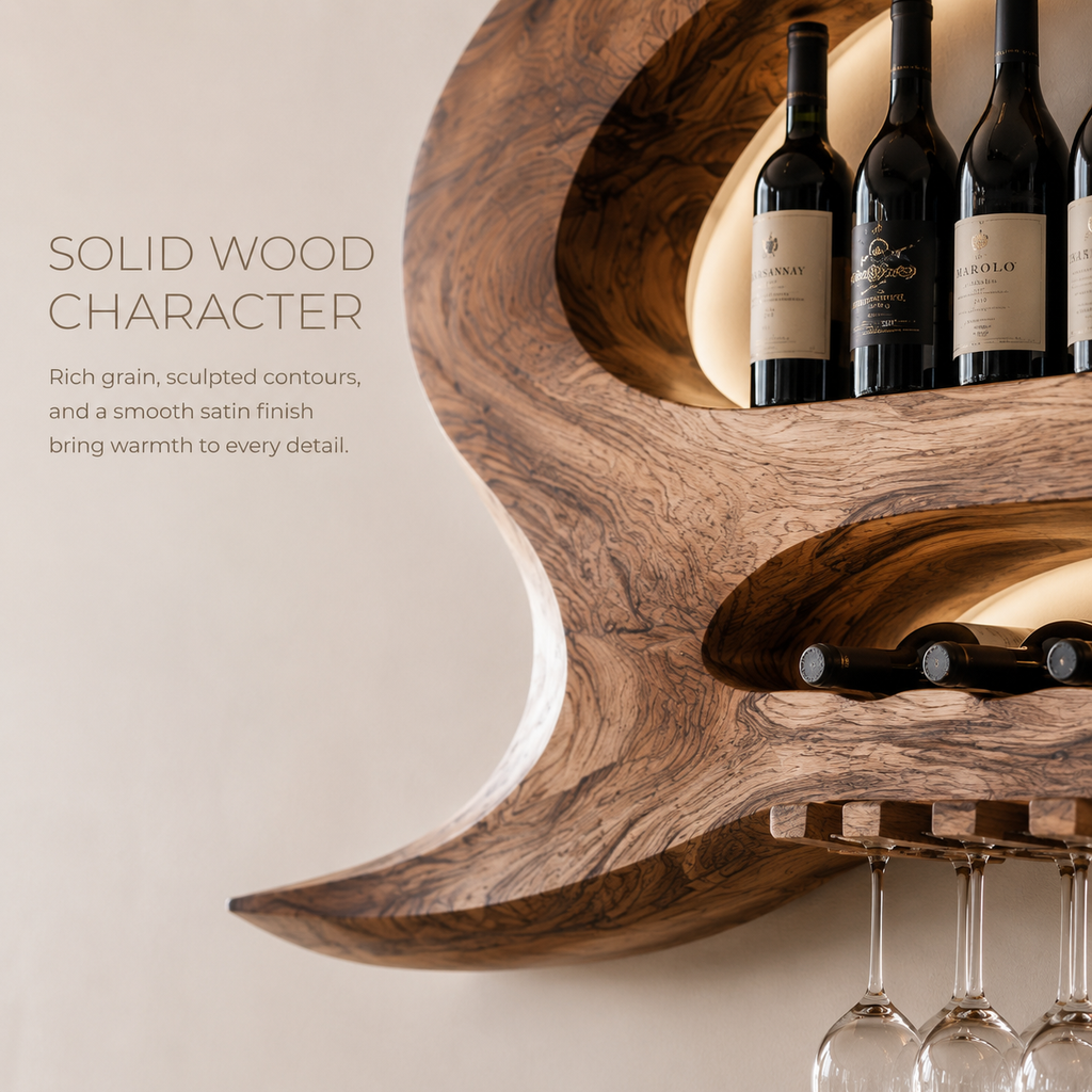 Solid Wood Wall Wine Rack with Glass Holder - Arched - product image 05