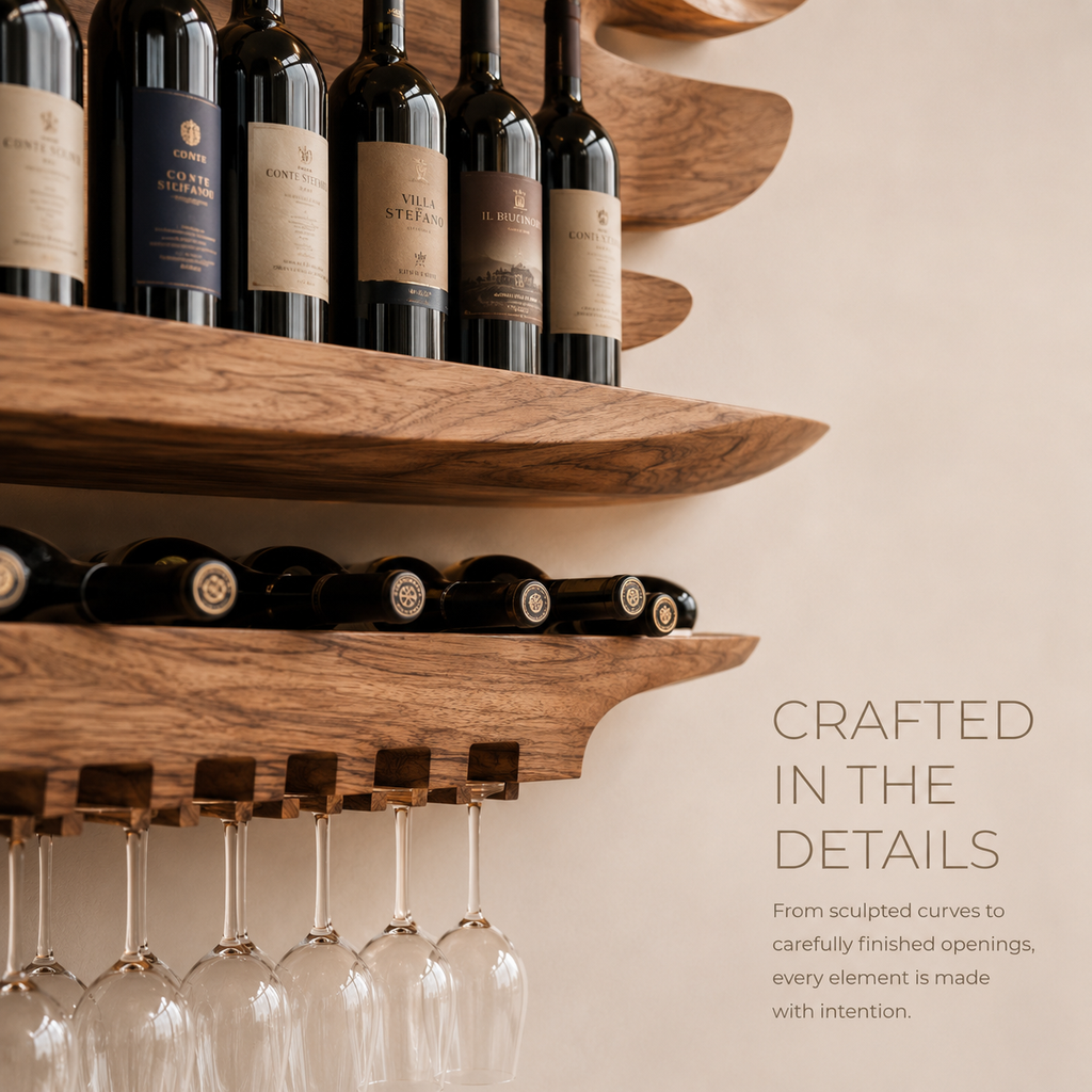 Solid Wood Wall Wine Rack with Glass Holder - Arched - product image 06