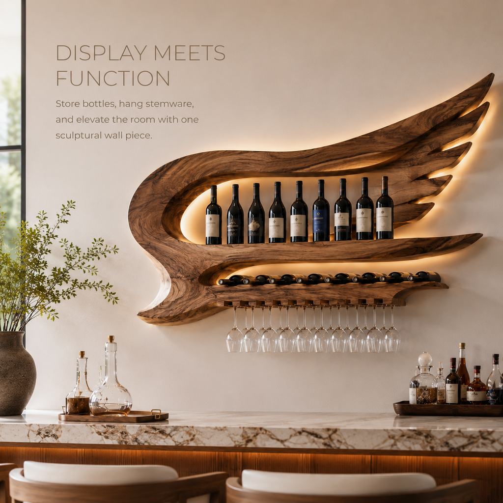 Solid Wood Wall Wine Rack with Glass Holder - Arched - product image 07