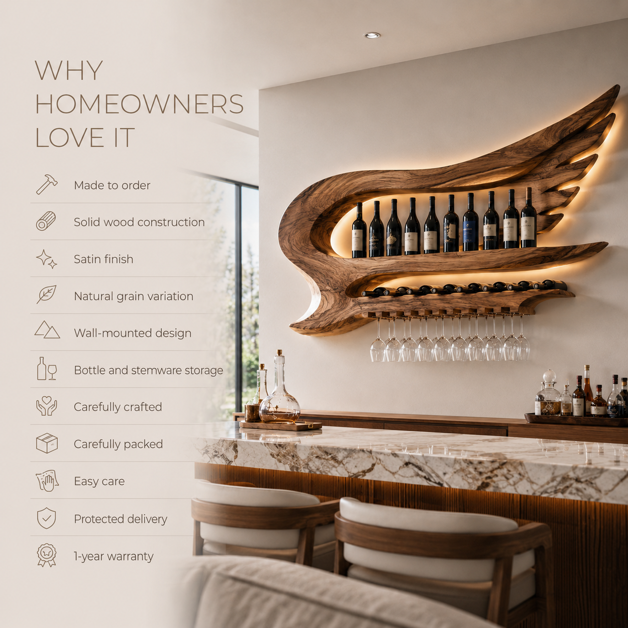 Solid Wood Wall Wine Rack with Glass Holder - Arched - product image 09