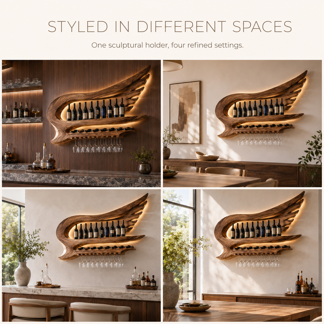 Solid Wood Wall Wine Rack with Glass Holder - Arched - product image 11