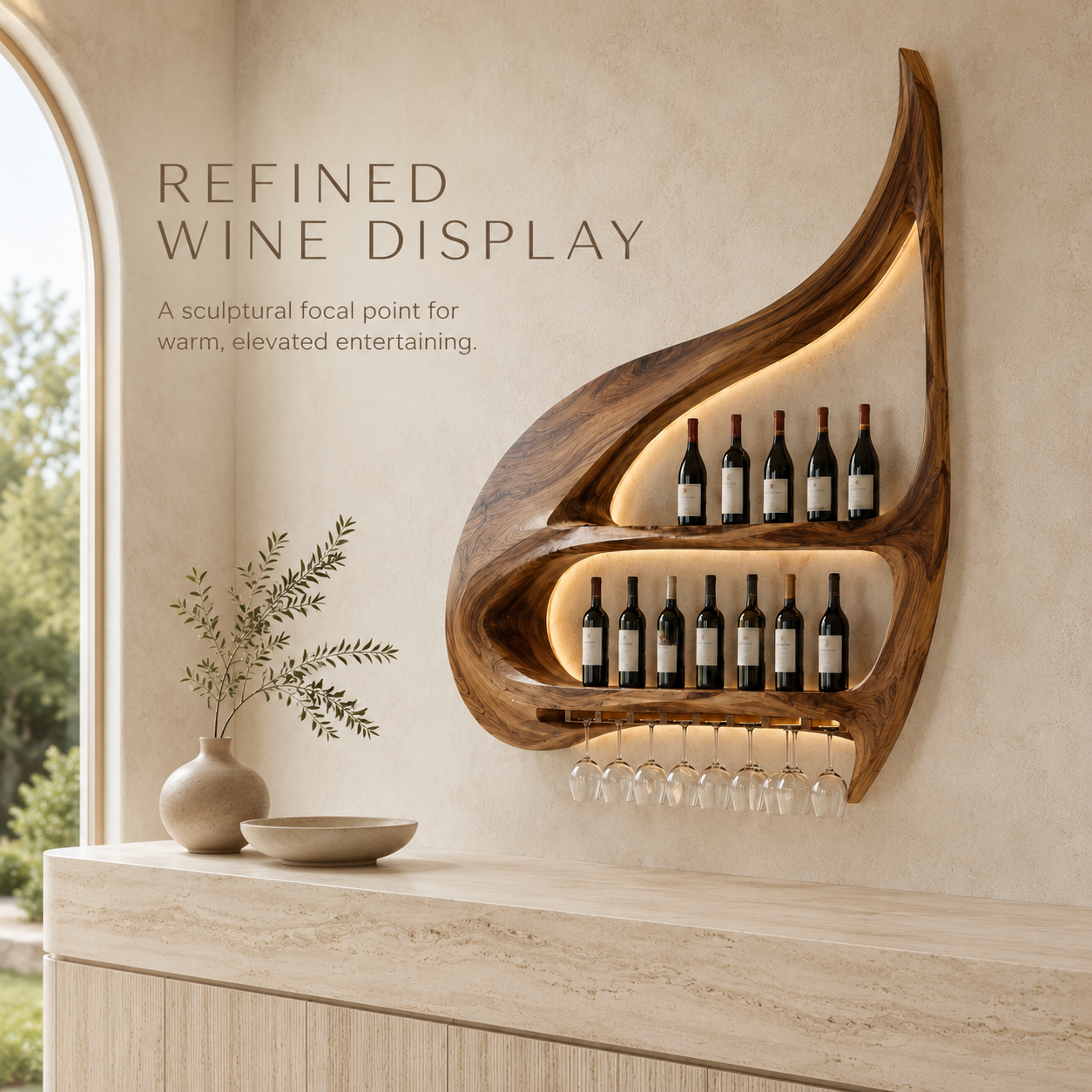 Solid Wood Wall Wine Rack with Glass Holder - Crescent - product image 02