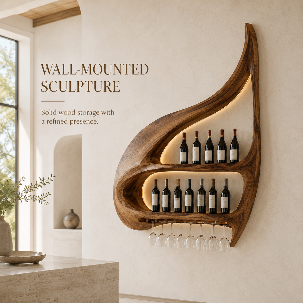 Solid Wood Wall Wine Rack with Glass Holder - Crescent - product image 03