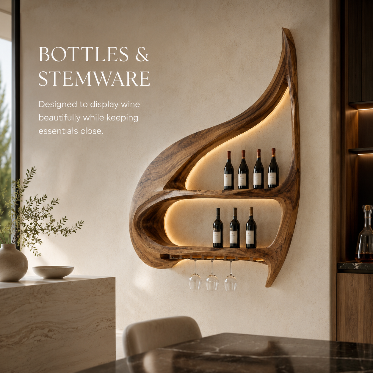 Solid Wood Wall Wine Rack with Glass Holder - Crescent - product image 07