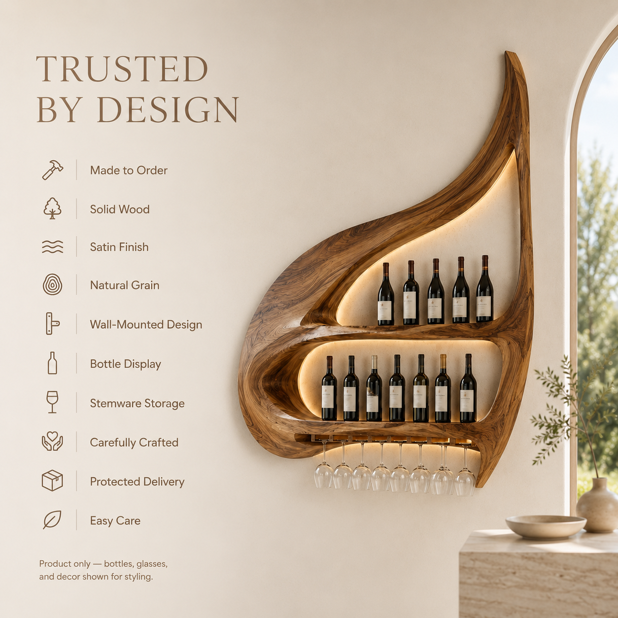 Solid Wood Wall Wine Rack with Glass Holder - Crescent - product image 09