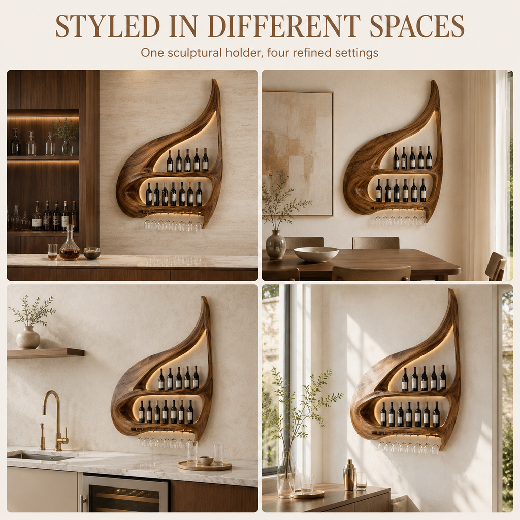 Solid Wood Wall Wine Rack with Glass Holder - Crescent - product image 10