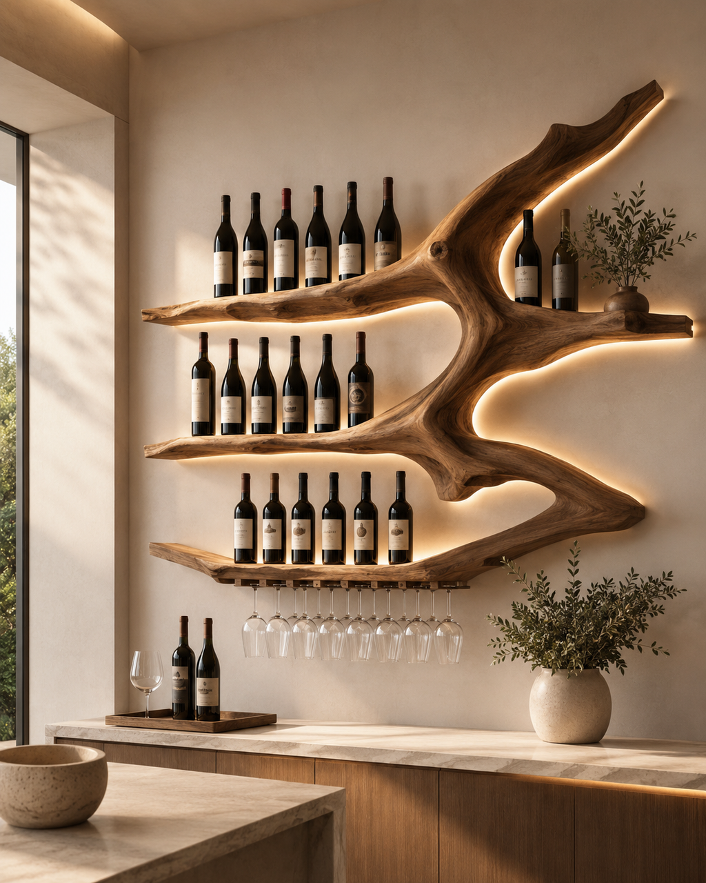 Solid Wood Wall Wine Rack with Glass Holder - Gallery Rail - main view