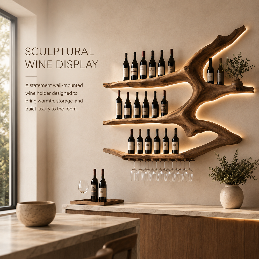 Solid Wood Wall Wine Rack with Glass Holder - Gallery Rail - product image 02