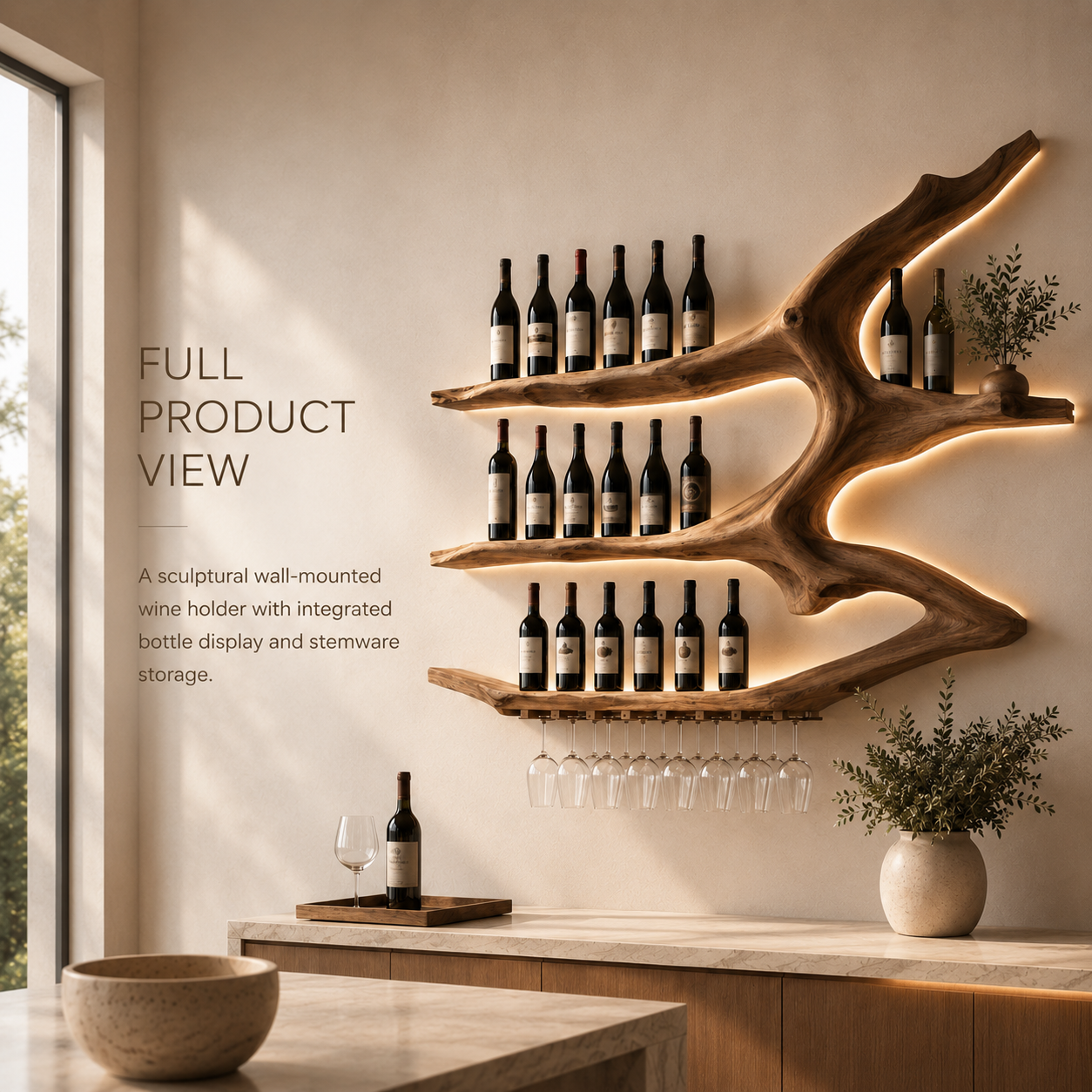 Solid Wood Wall Wine Rack with Glass Holder - Gallery Rail - product image 03