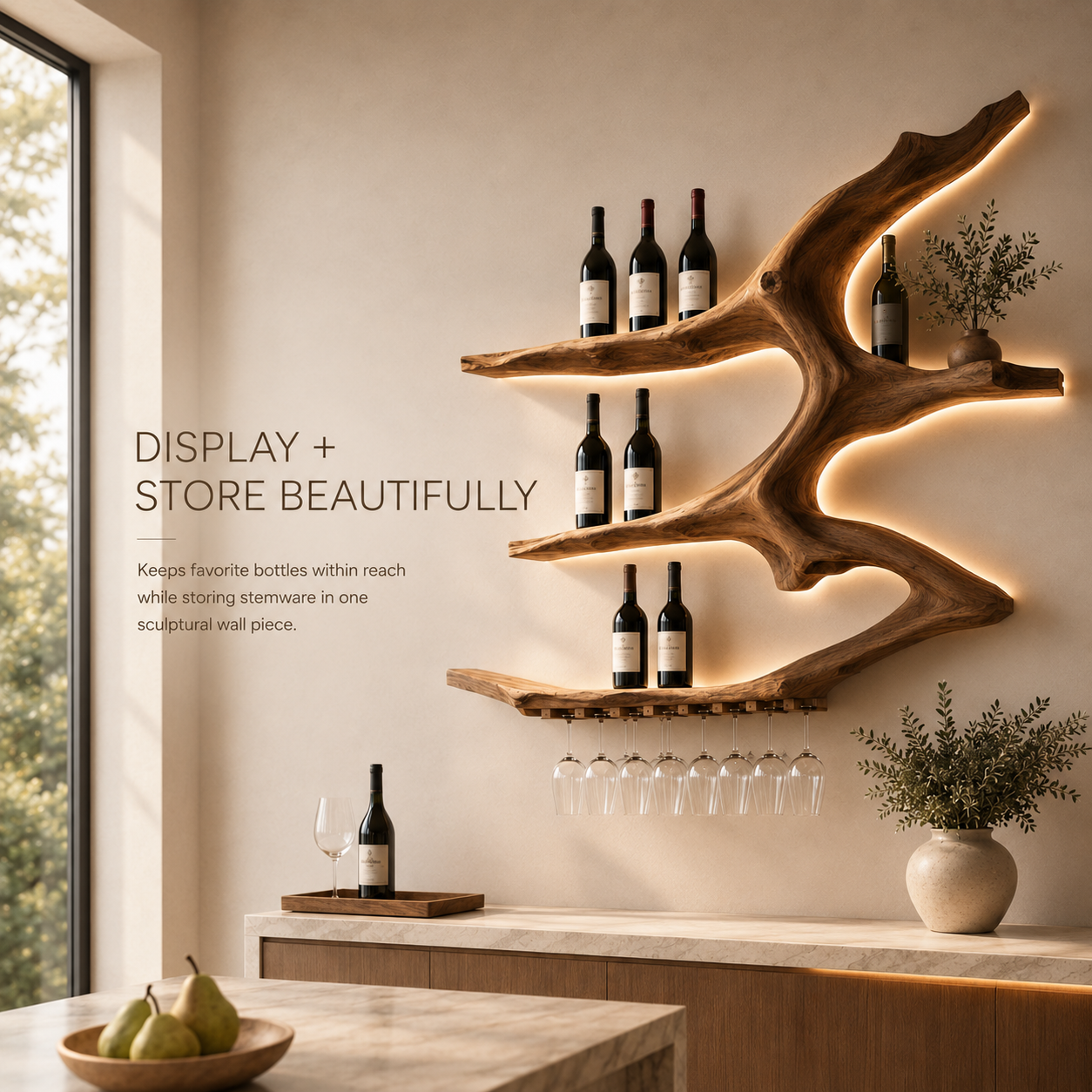 Solid Wood Wall Wine Rack with Glass Holder - Gallery Rail - product image 07