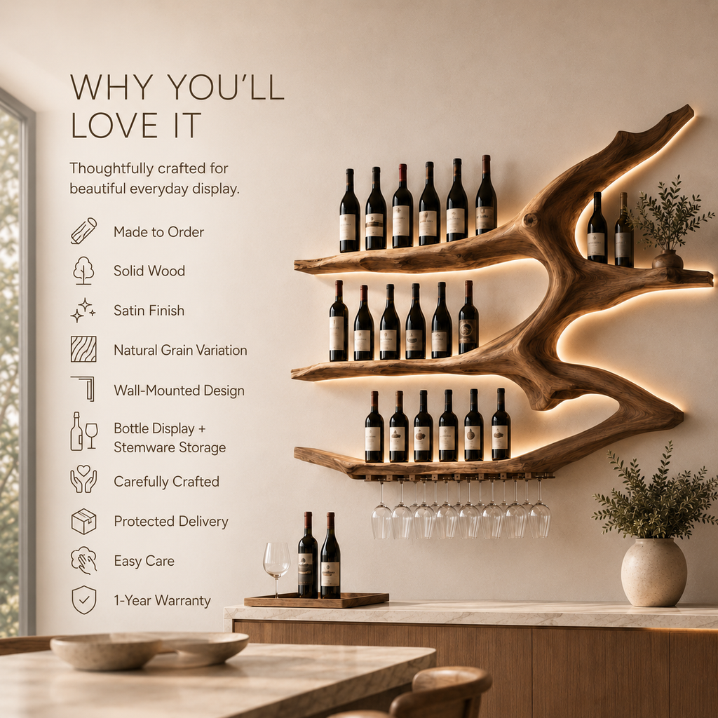 Solid Wood Wall Wine Rack with Glass Holder - Gallery Rail - product image 09