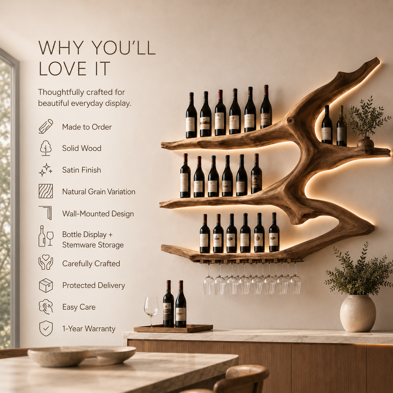 Solid Wood Wall Wine Rack with Glass Holder - Gallery Rail - product image 09