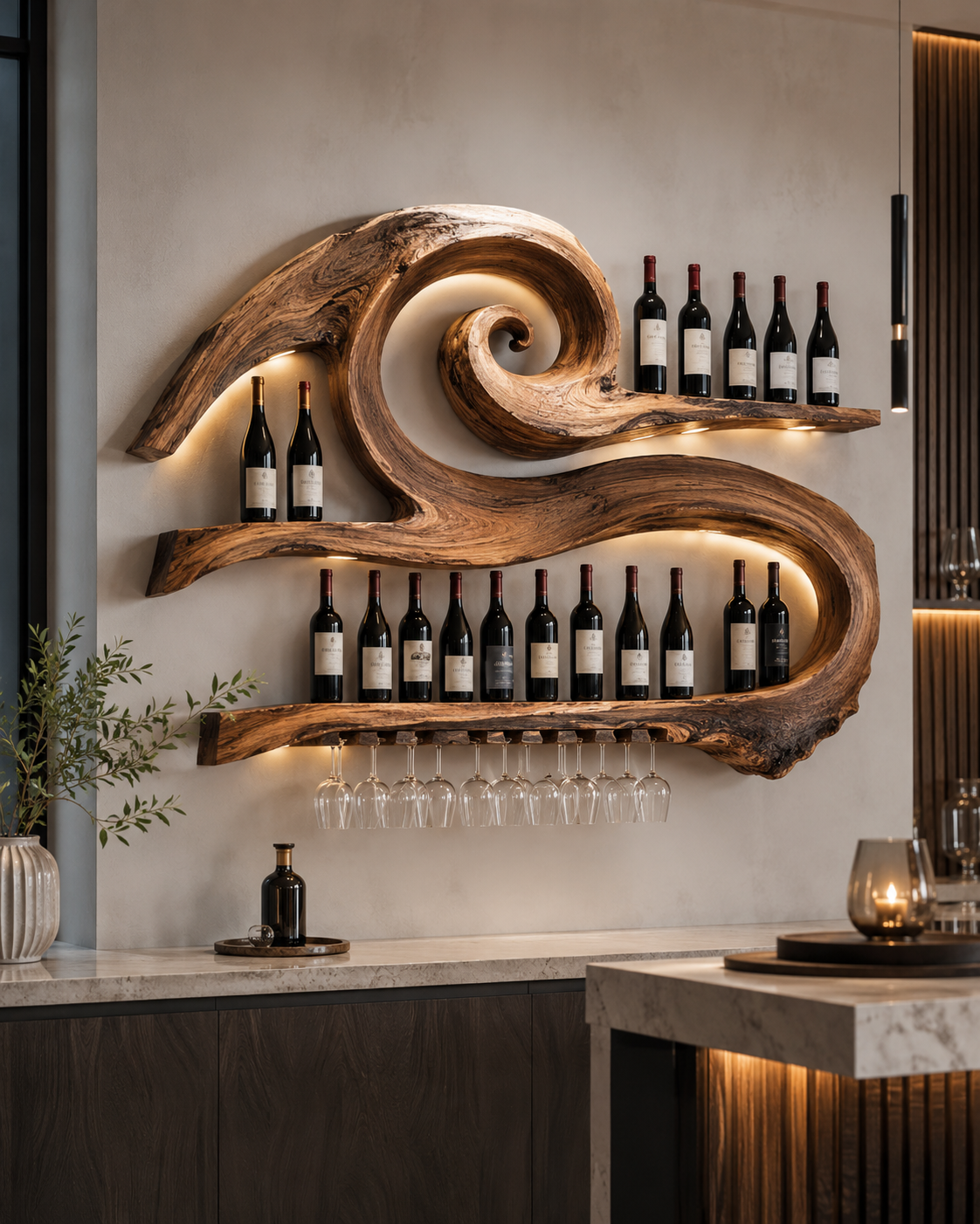 Solid Wood Wall Wine Rack with Glass Holder - Live Edge - main view