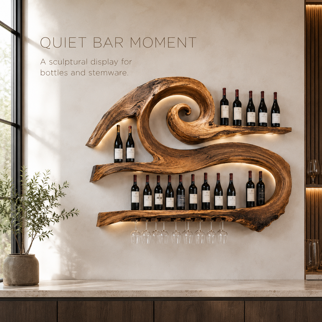Solid Wood Wall Wine Rack with Glass Holder - Live Edge - product image 02