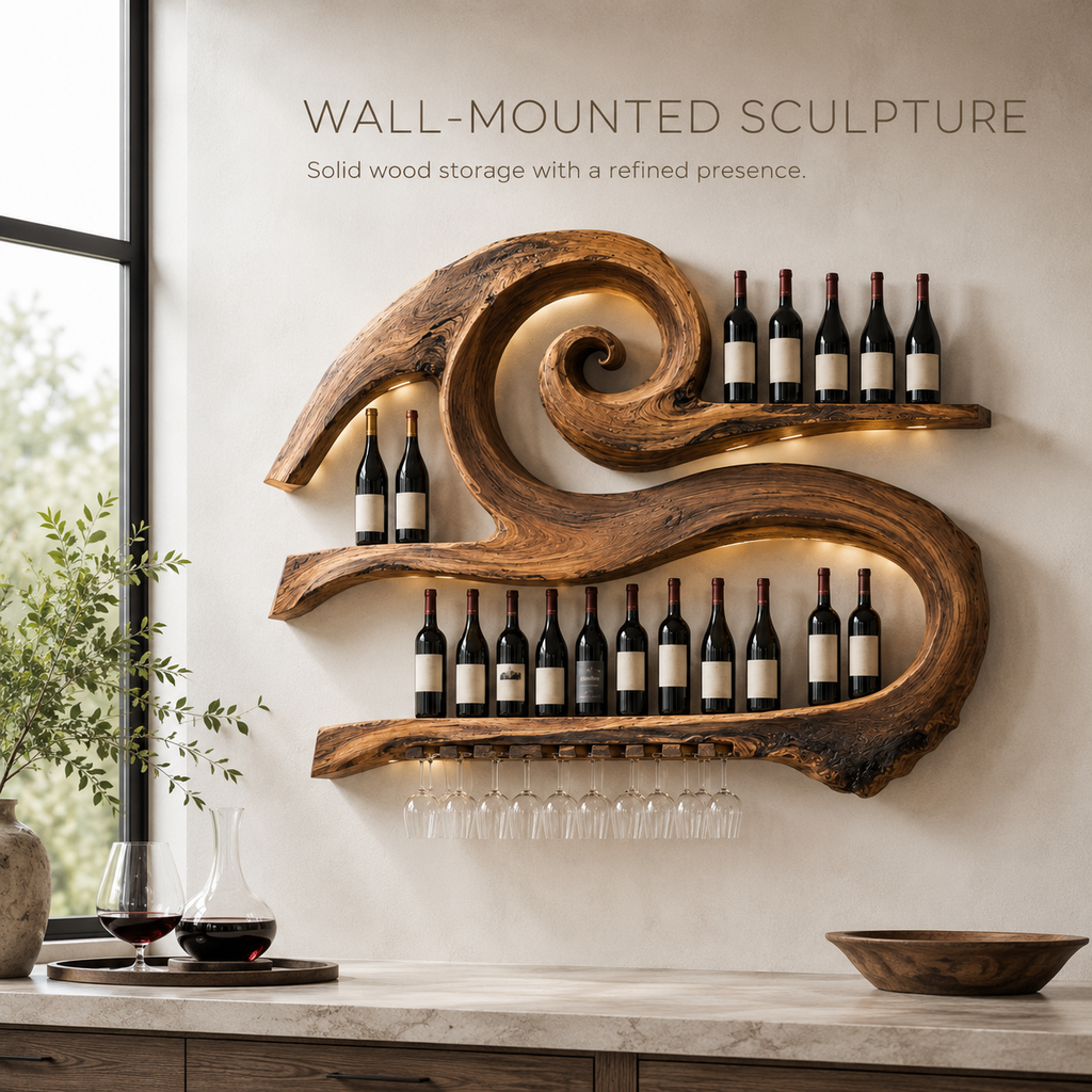 Solid Wood Wall Wine Rack with Glass Holder - Live Edge - product image 03
