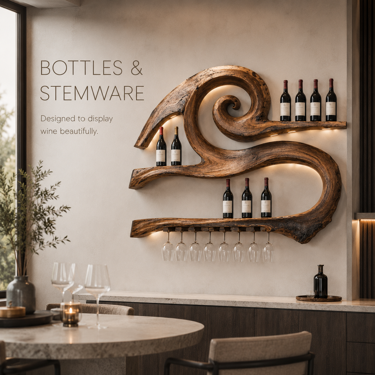 Solid Wood Wall Wine Rack with Glass Holder - Live Edge - product image 07