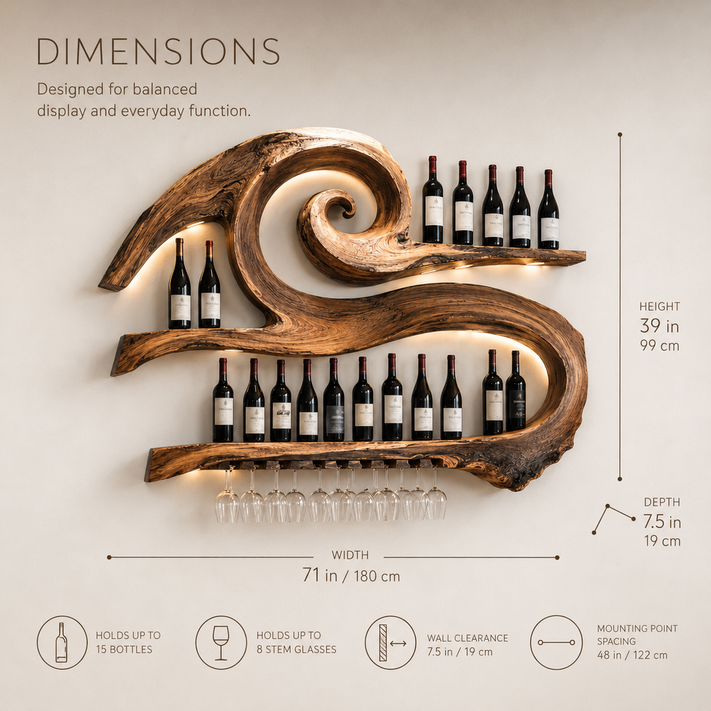 Solid Wood Wall Wine Rack with Glass Holder - Live Edge - product image 08