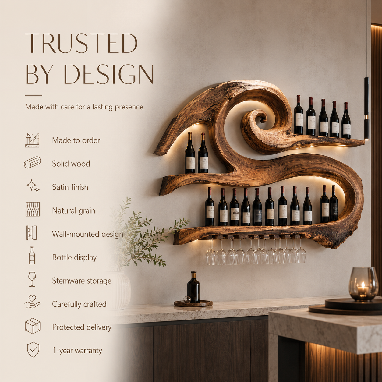 Solid Wood Wall Wine Rack with Glass Holder - Live Edge - product image 09