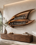 Solid Wood Wall Wine Rack with Glass Holder - Ribbed Wave - main view