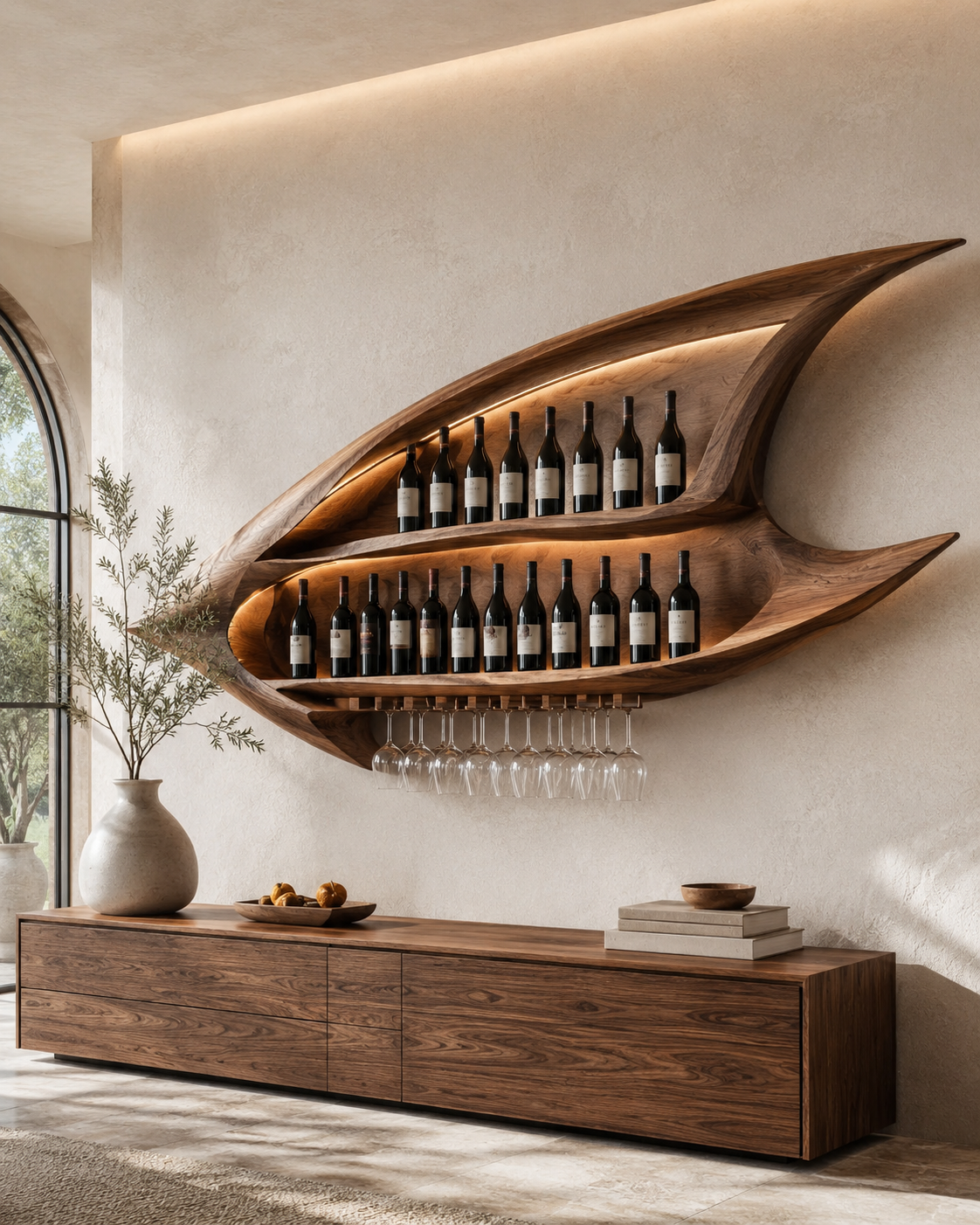 Solid Wood Wall Wine Rack with Glass Holder - Ribbed Wave - main view