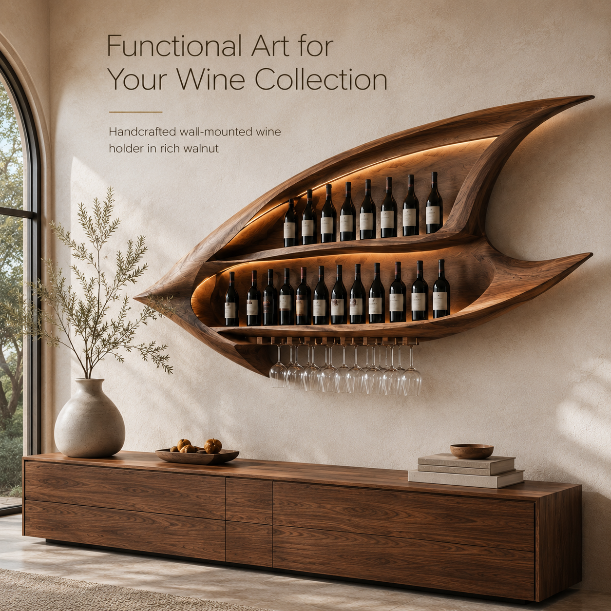 Solid Wood Wall Wine Rack with Glass Holder - Ribbed Wave - product image 02