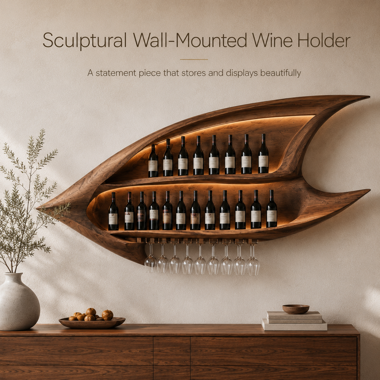 Solid Wood Wall Wine Rack with Glass Holder - Ribbed Wave - product image 03