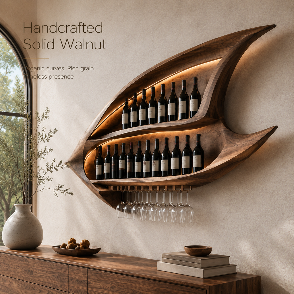 Solid Wood Wall Wine Rack with Glass Holder - Ribbed Wave - product image 04