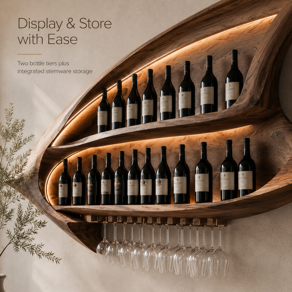 Solid Wood Wall Wine Rack with Glass Holder - Ribbed Wave - product image 05