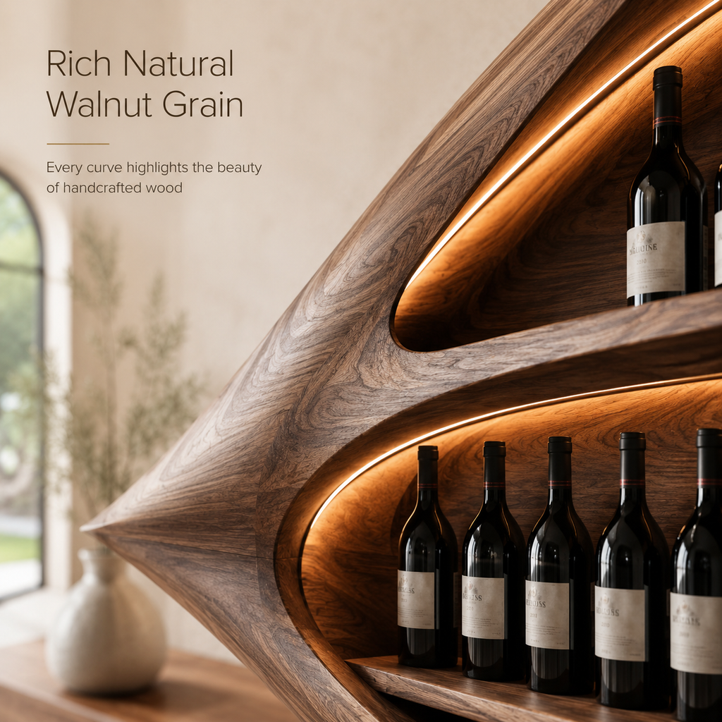 Solid Wood Wall Wine Rack with Glass Holder - Ribbed Wave - product image 06