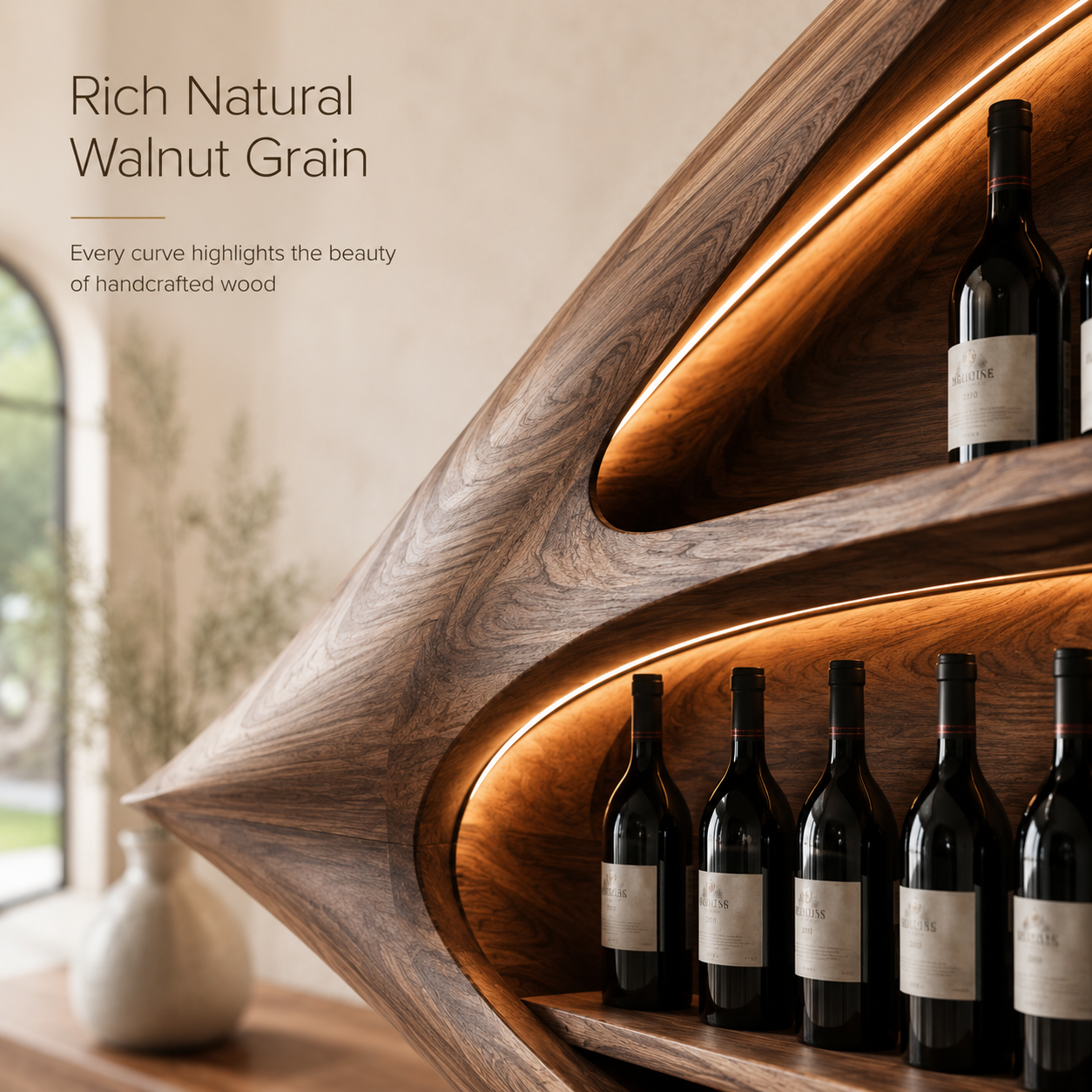 Solid Wood Wall Wine Rack with Glass Holder - Ribbed Wave - product image 06