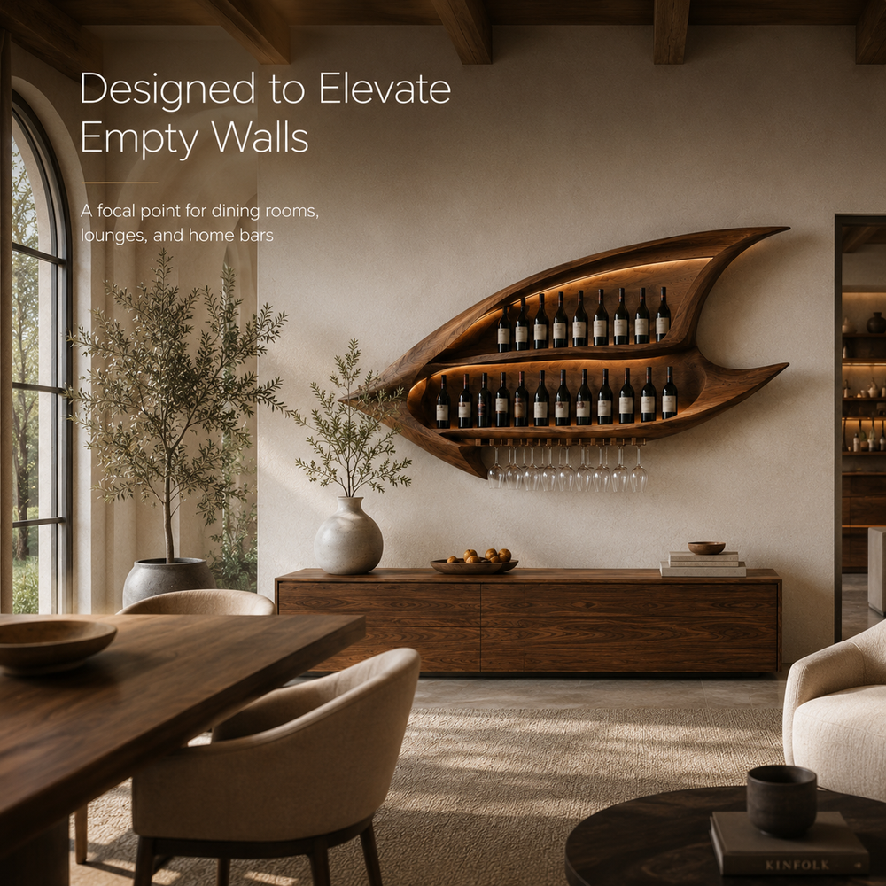 Solid Wood Wall Wine Rack with Glass Holder - Ribbed Wave - product image 08