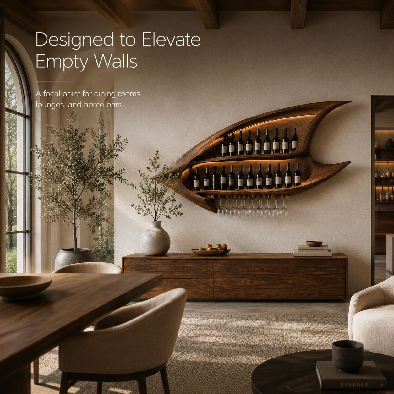Solid Wood Wall Wine Rack with Glass Holder - Ribbed Wave - product image 08