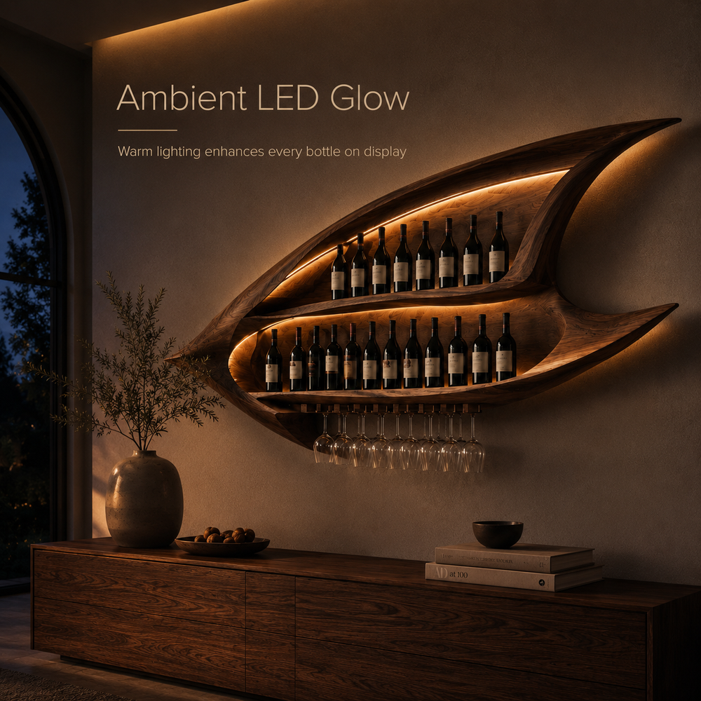 Solid Wood Wall Wine Rack with Glass Holder - Ribbed Wave - product image 09