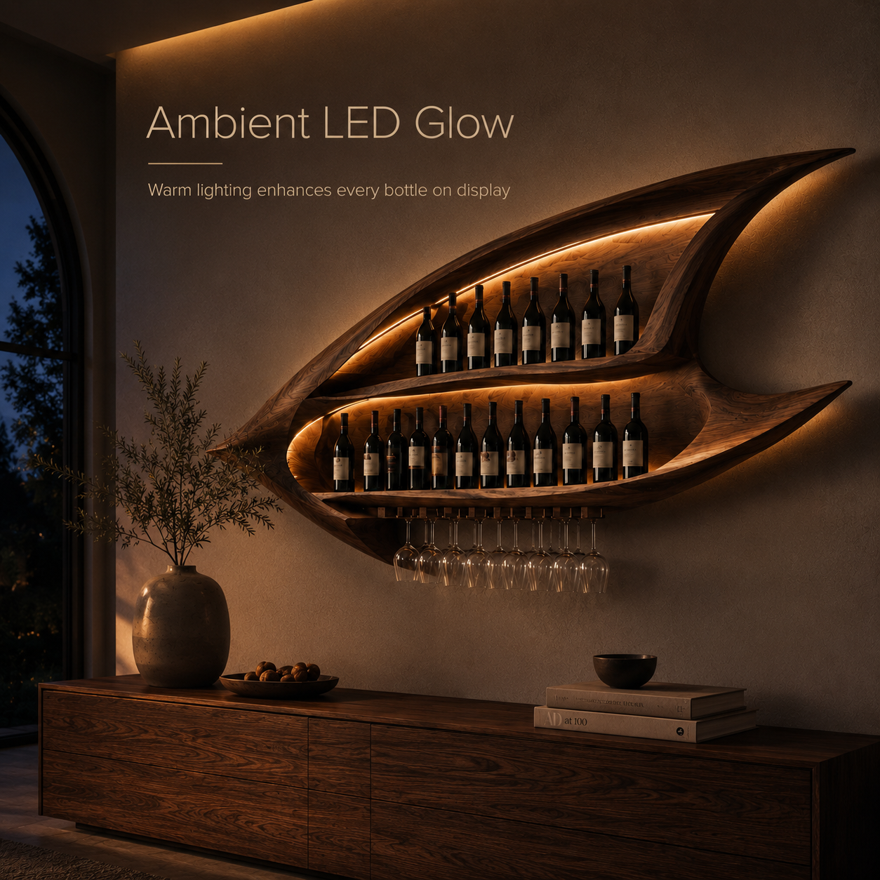 Solid Wood Wall Wine Rack with Glass Holder - Ribbed Wave - product image 09