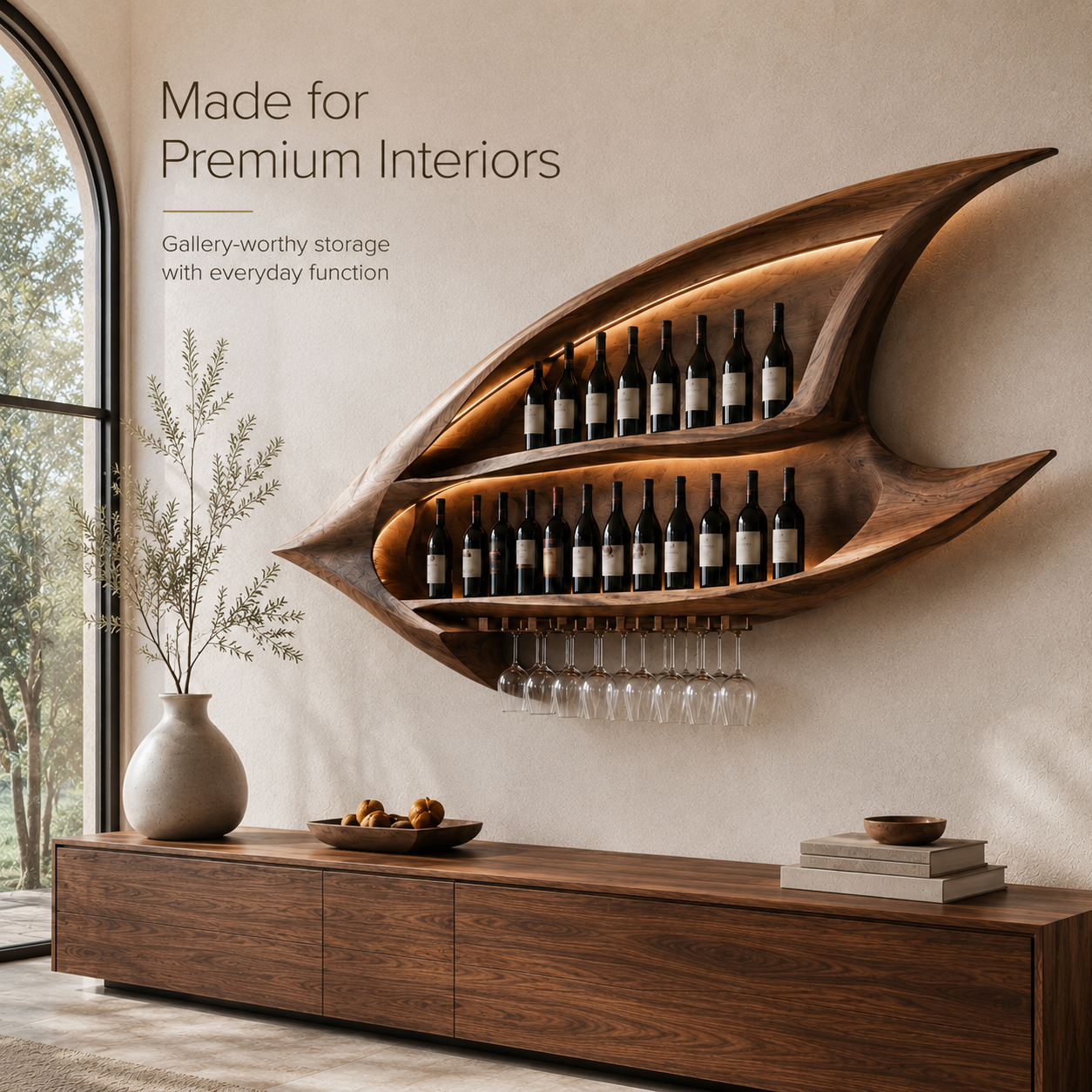 Solid Wood Wall Wine Rack with Glass Holder - Ribbed Wave - product image 10